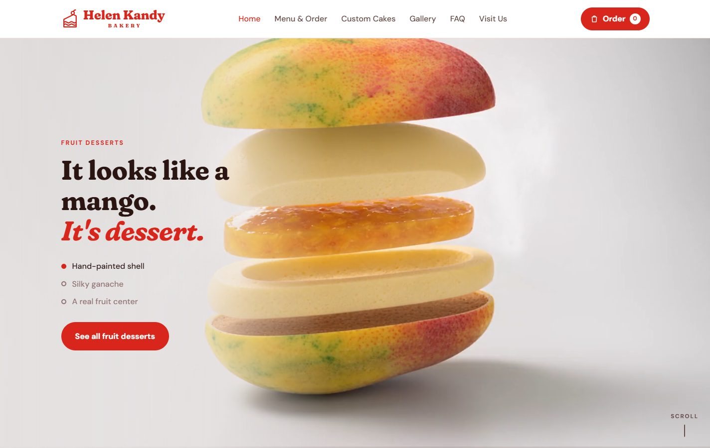 Helen Kandy Bakery homepage: an exploded mango dessert showing its layers next to the headline 'It looks like a mango. It's dessert.'