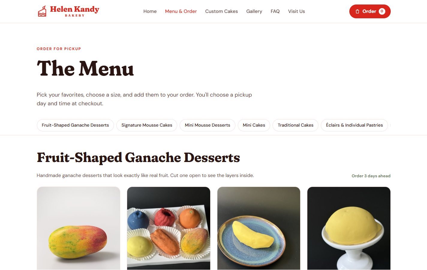 Helen Kandy Bakery menu page with category filters and photos of fruit-shaped desserts.