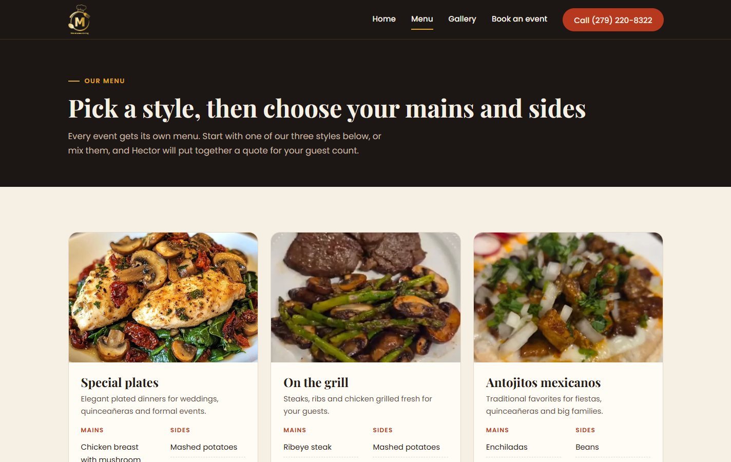 Mendoza's Catering menu page: three menu styles, special plates, the grill and antojitos, each with a photo, mains and sides.