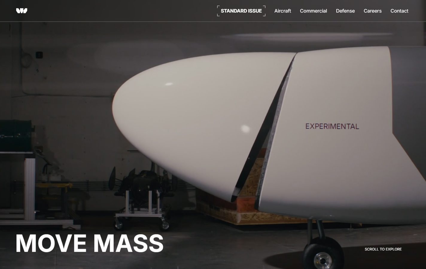 Poseidon Aerospace's new homepage: full-bleed footage of an experimental aircraft nose in a hangar with the headline 'Move Mass'.