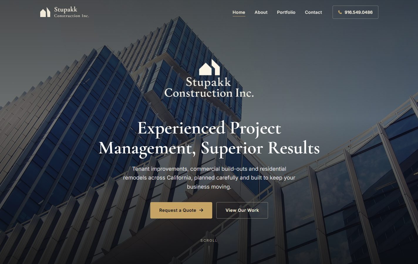 Stupakk Construction's new homepage: a dark architectural hero with the headline 'Experienced Project Management, Superior Results' and quote buttons.