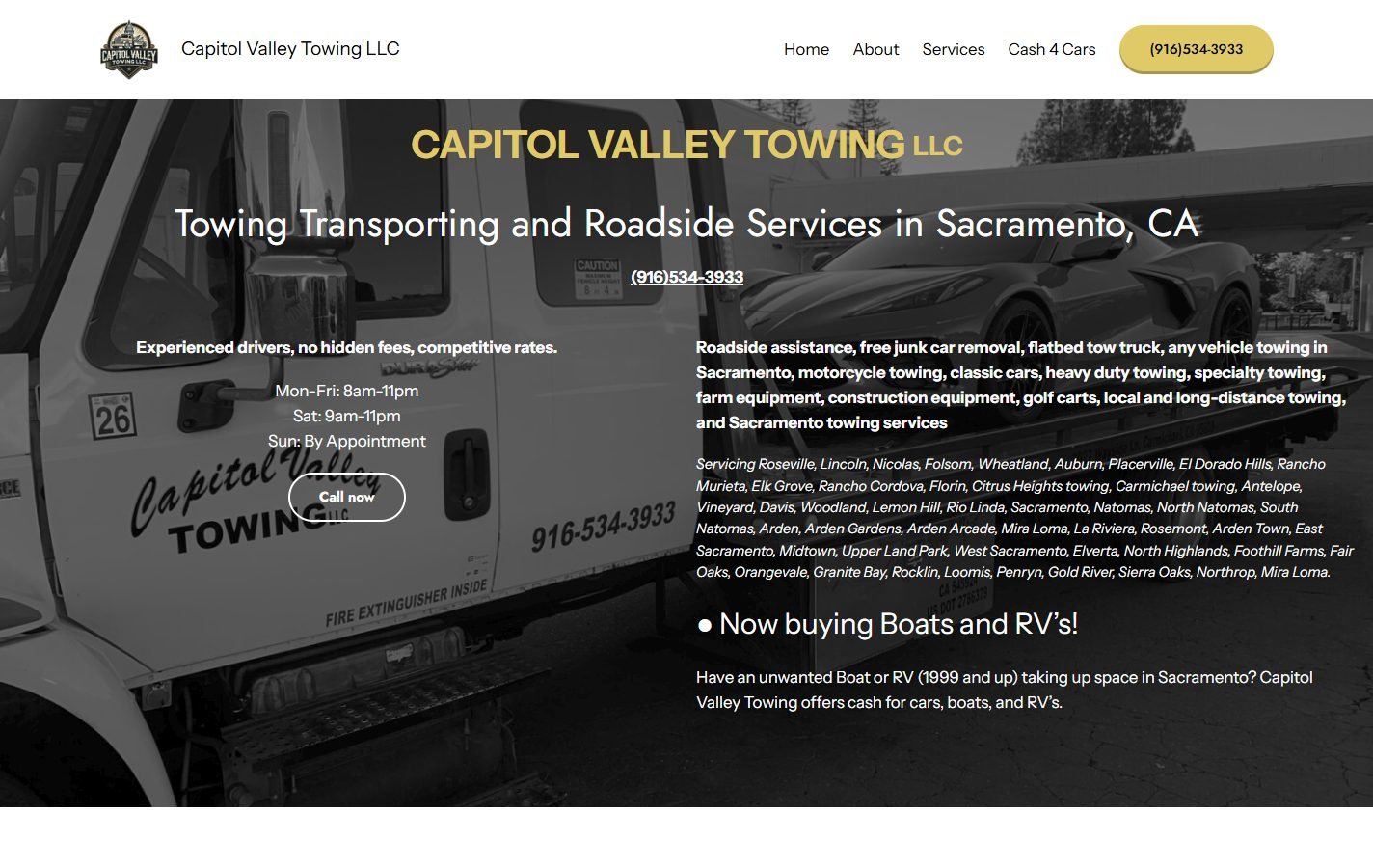 Capitol Valley Towing's previous homepage: a grey photo of a tow truck behind dense paragraphs of services and town names.